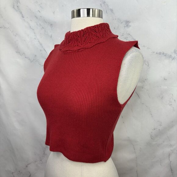 Vtg y2k Ribbed Knit Red Cropped Turtleneck Sweater Sleeveless Crochet S Retro - Picture 10 of 14